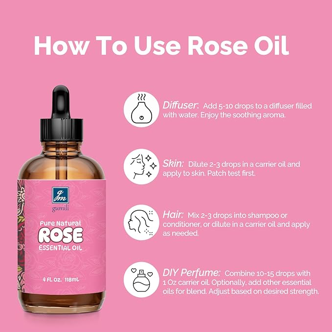 Rose Essential Oil 4 Oz, 100% Pure Natural Rose Oil for Diffuser, Skin, Hair, Body, Face Care, Perfume DIY