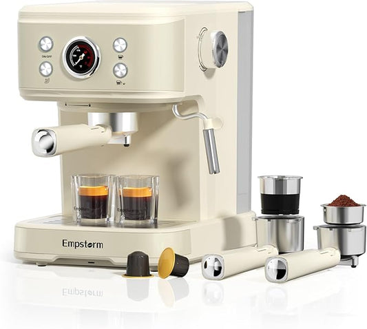 White Espresso Machine with Milk Frother, Cappuccino Machines for Home, Coffee Espresso Machine Suitable for Coffee Powder/NS Original Capsules, Espresso Maker with Thermometer