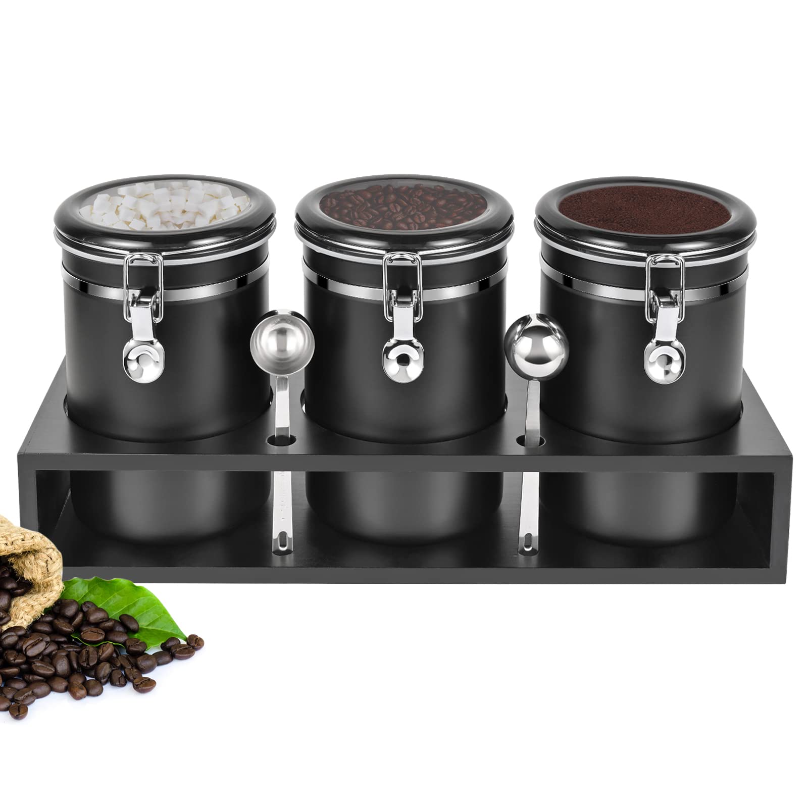 3×63OZ Stainless Steel Coffee Container with Shelf and Scoop for Coffee Bar