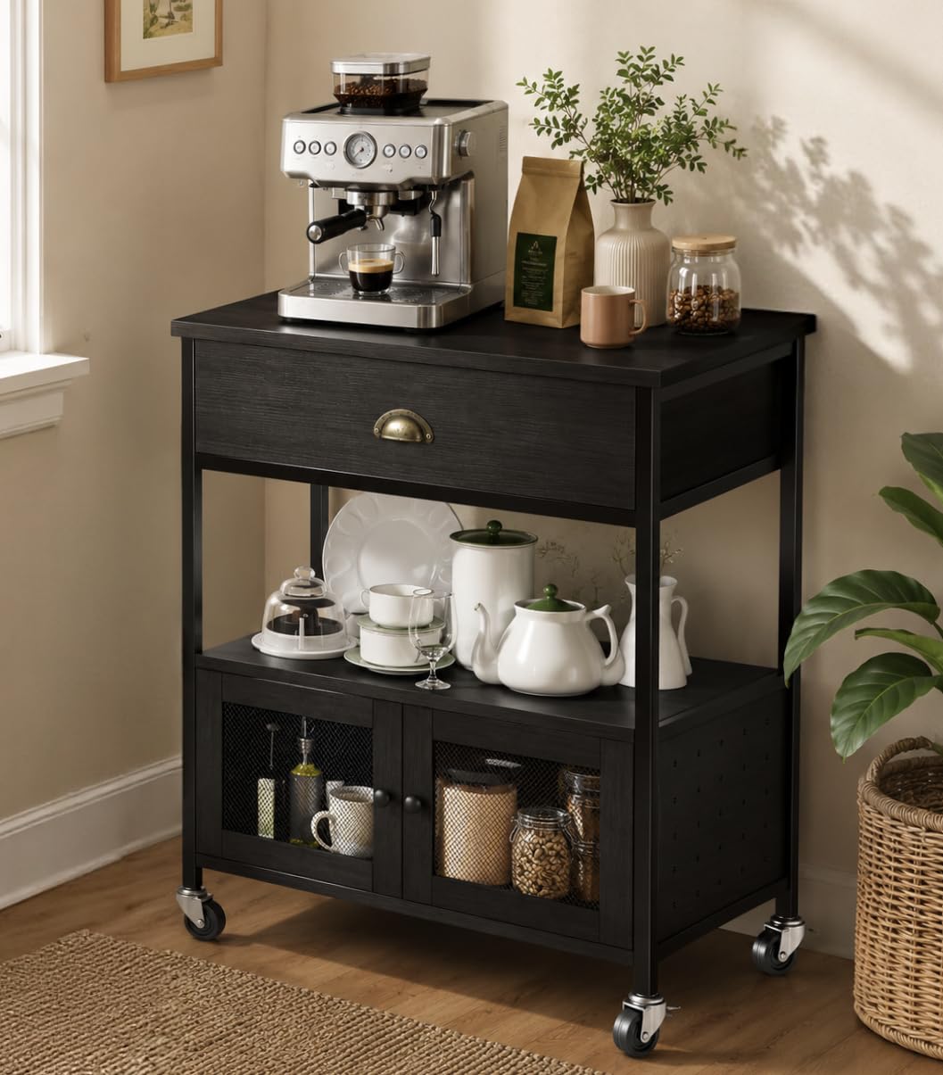 Catrimown Coffee Bar Cart Cabinet,3 Tier Coffee Station Table on Wheels,Coffee Cart with Storage
