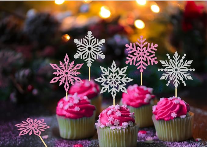24PCS Glitter Snowflake Cupcake Toppers for Snowflake Decorations, Frozen Snowflake Cake Topper, Christmas Snowflake Cake Picks for Winter Decorations (Pink)