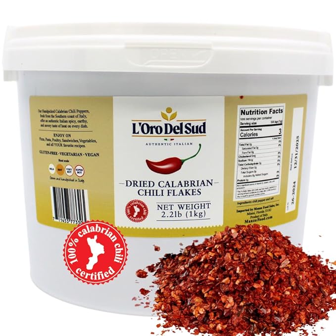 L'Oro Del Sud 100% Certified Dry Calabrian Chili Red Pepper Flakes, 1 KG (2.2 lbs), Crushed Pepper Flakes,Origin Guaranteed, Tubs, 1 Kg, Product of Italy