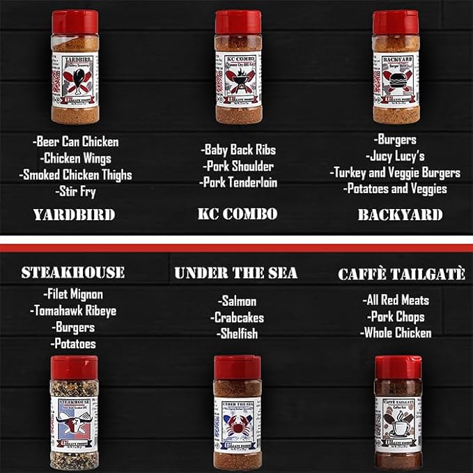 THE TAILGATE FOODIE Rare Pitmaster Gourmet Seasonings | 8 pc Grill Essentials Gift Set | 6 Secret Competition BBQ Spice Blends for Ribs, Pork, Brisket, Chicken, Fish, Steak *Great Christmas Gift*