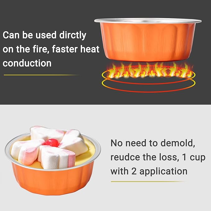 Beasea Disposable Ramekins for Baking, 8oz 100 Pack Aluminum Foil Cups with Lids, Creme Brulee Muffin Cupcake Baking Cup Mini Pudding Cups for Party Wedding Birthday - Orange