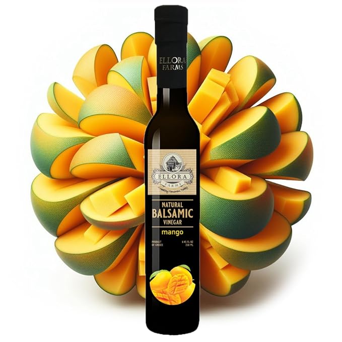 Ellora Farms, Mango fruit Infused Greek Balsamic Vinegar, thick and creamy, no-added sugars, no-preservatives, 8.45 oz. bottle, Pack of 1