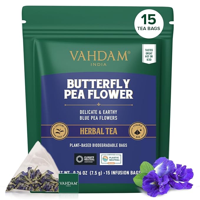 VAHDAM, Butterfly Pea Flower (15 Pyramid Bags) Vegan, Non-GMO | Delicate & Earthy | Direct From Source ??Plant-Based Biodegradable | Brew Iced Tea, Cooking, Mocktails & Cocktails