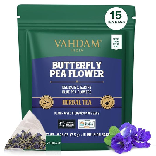 VAHDAM, Butterfly Pea Flower (15 Pyramid Bags) Vegan, Non-GMO | Delicate & Earthy | Direct From Source ??Plant-Based Biodegradable | Brew Iced Tea, Cooking, Mocktails & Cocktails