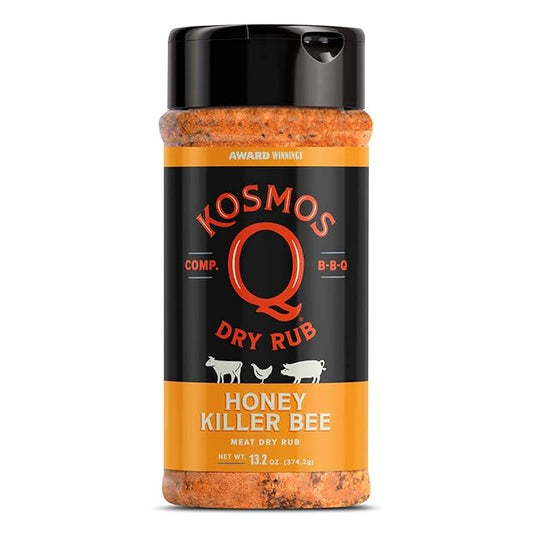Kosmos Q Honey Killer Bee BBQ Dry Rub, Sweet Seasoning with Brown Sugar, Honey, Garlic & Paprika for Chicken, Pork, Turkey, Ribs and More, Dry Rub for Smoking & Grilling Meat, 13.2 Oz Shaker Bottle