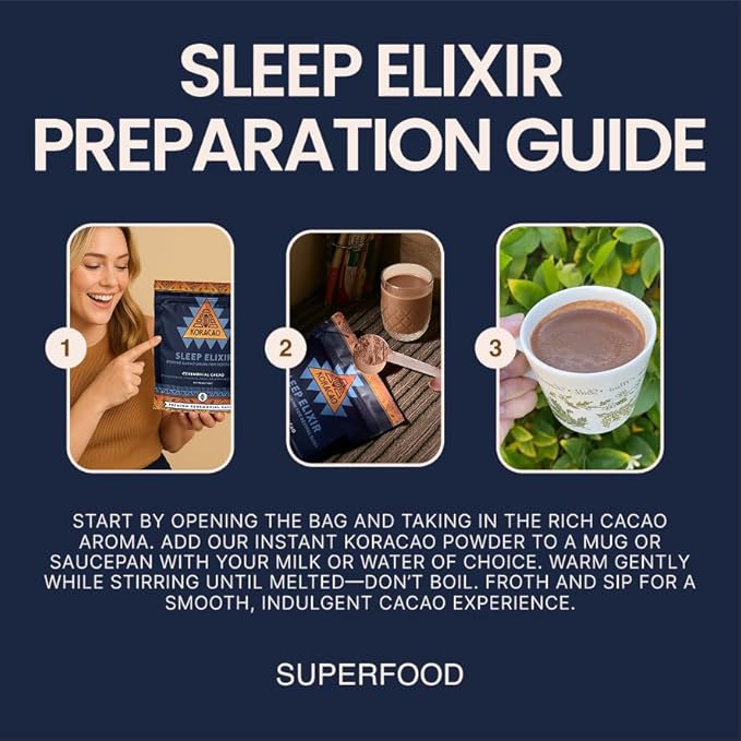 KORACAO Sleep Elixir Cacao Blend ??Ceremonial-Grade Cocoa Drink with Magnesium, L-Theanine, Reishi, Melatonin & Ashwagandha ??300g (30 Servings) for Relaxation & Restful Sleep