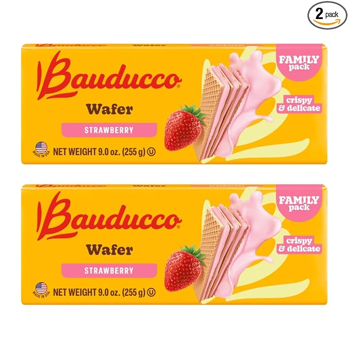 Bauducco Wafer Cookies, Strawberry, 9.0 oz (Pack of 2) - Crispy Triple-Layered Wafers with Rich Chocolate Cream Filling - Indulgent Sweet Snack - No Artificial Flavors - Family Pack Dessert.