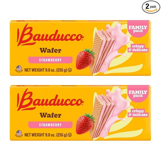 Bauducco Wafer Cookies, Strawberry, 9.0 oz (Pack of 2) - Crispy Triple-Layered Wafers with Rich Chocolate Cream Filling - Indulgent Sweet Snack - No Artificial Flavors - Family Pack Dessert.