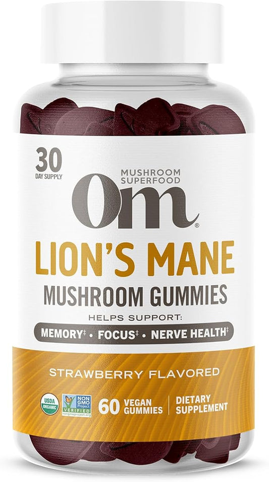 OM Mushroom Superfood Lion's Mane Gummies, 60 Count, 30 Servings, USA Grown Organic Mushrooms