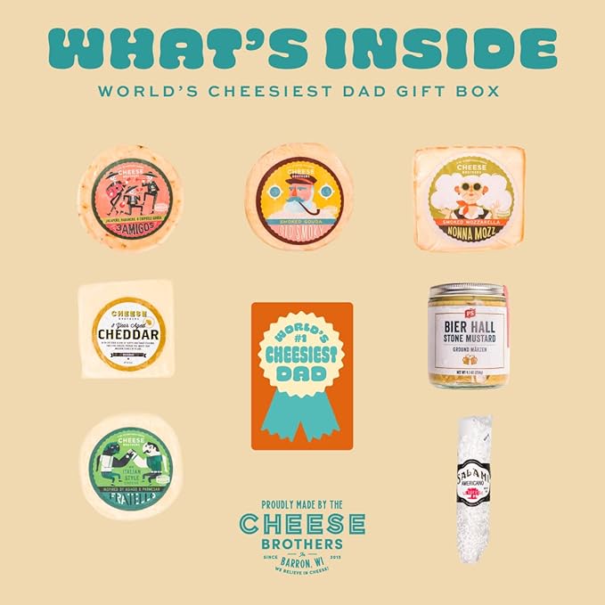 Cheese Bros. World's Cheesiest Dad Father's Day Gift Box | Wisconsin Made | Includes Italian Fratello, Gouda, Aged Cheddar, Classic Mustard and Artisan Salami | Great Food Gifting Idea!??,<div>