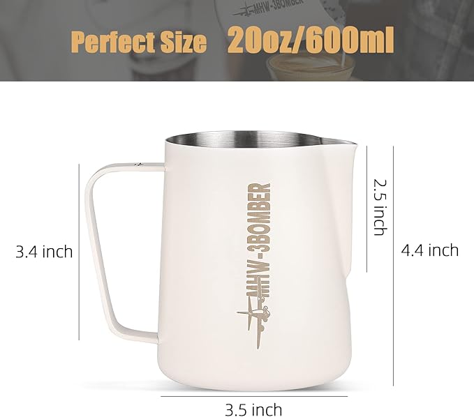 MHW-3BOMBER Milk Frothing Pitcher, 20oz/600ml Milk Frother Cup for Barista, SUS304 Stainless Steel Espresso Steaming Pitchers for Latte Art/Cappuccino/Coffee/Milk, P3013W-OS
