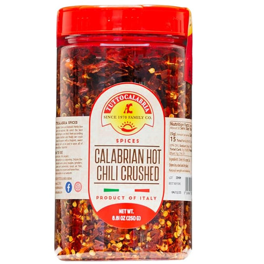 TUTTOCALABRIA Calabrian Crushed Chili Dry Pepper Flakes, Large Shaker, Product of Italy, 250 gm (8.81 oz) All Natural, Non-GMO, Product of Italy