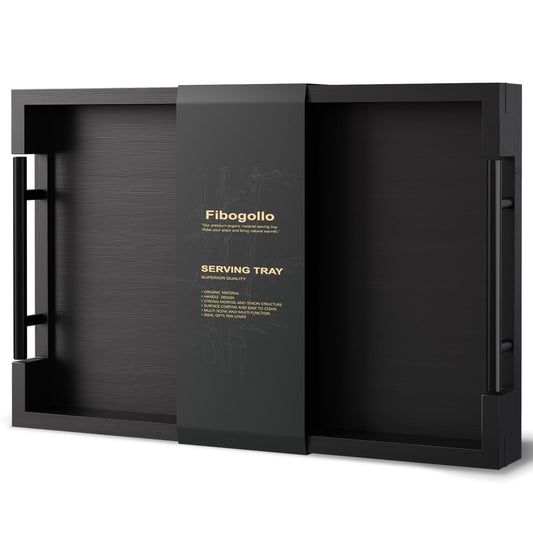 Fibogollo Bamboo Serving Trays with Metal Handles,Medium(Black)