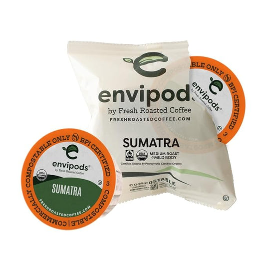 Fresh Roasted Coffee, Organic Sumatra envipods | BPI Compostable, USDA Organic, Kosher | Med Roast 36 ct Individually Wrapped | Not for use in Ninja or Hamilton Beach Brewers