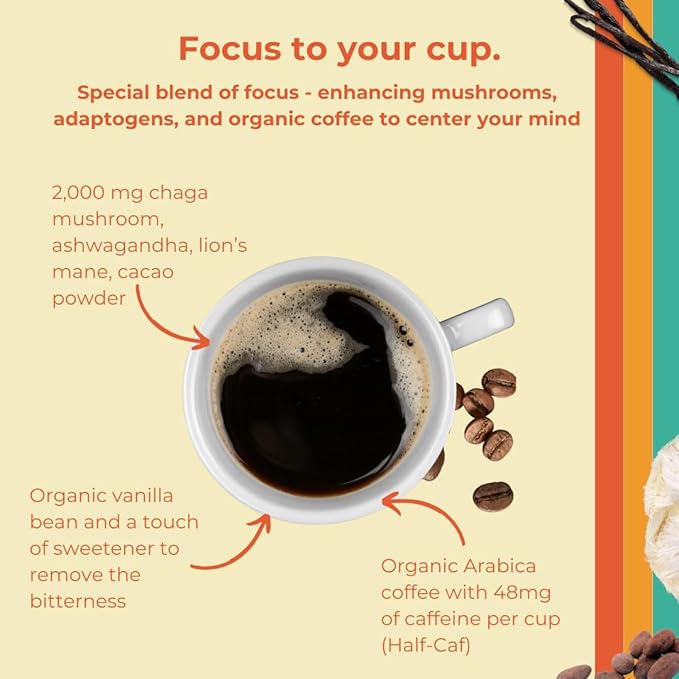 Shroovy Organic Mushroom Coffee | Lion's Mane and Chaga Mushroom | Instant Mushroom Coffee | Half-Caffeine | Mellow Mocha | 2,000mg of Mushroom - 30 Servings