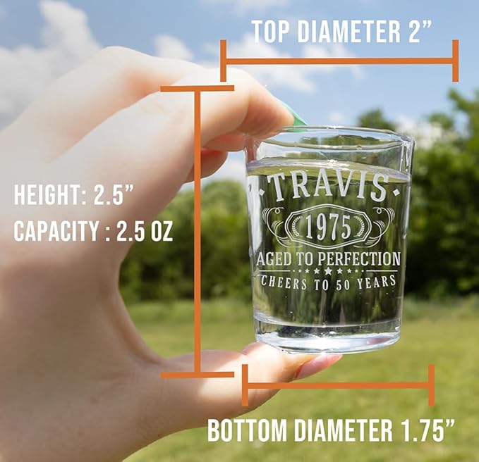 Personalized Vintage 50th Etched 2.5oz 1pk Shot Glass – Custom 1975 Happy 50th Birthday Gifts Men Women, Customized Cheers 50 Years, Turning 50 Year Old Decorations Decor, Party Favors Best Gift Idea