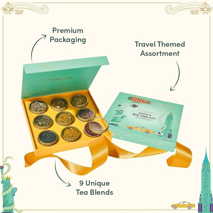 VAHDAM, Weekend In New York Tea Gift Sets Travel Edition Gift Box | 9 Varieties - Green Tea, Herbal Tea & Black Tea | Gluten Free, Non GMO | Gifts for Women & Men, Gifts for Him/Her