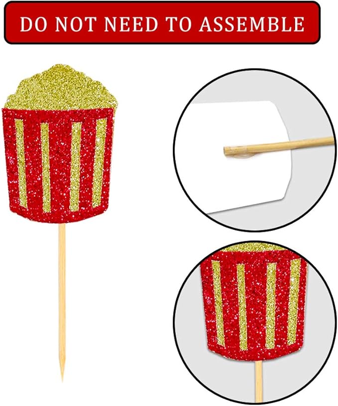 Theater Cupcake Toppers Cake Decoration for Birthday Movie Night Party Supplies Food Pick - Set of 24