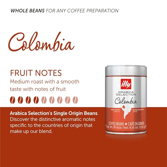 illy Whole Bean Coffee - Perfectly Roasted ??Colombia Medium Roast ??Smooth Taste, Notes of Fruit ??Fruit Notes - 100% Arabica Beans - No Preservatives ??8.8 Ounce