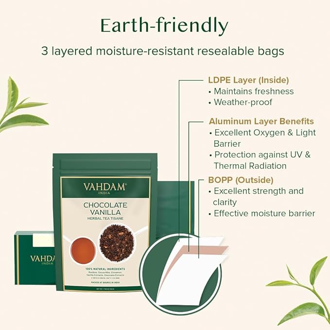 VAHDAM Chocolate Vanilla Herbal Tea (3.5 oz, 50+ Cups) | Rooibos, Chocolate, Vanilla | Loose-Leaf, Vacuum Sealed for Freshness