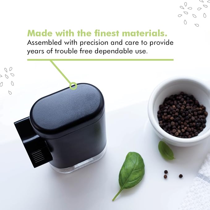 Pepper, Peppercorn & Salt Grinder-Mill Set by PepperMate - Easy-To-Fill, Gourmet, Ceramic Refillable Hand-Operated w/Measuring Cup, Precision Grind for Coarse or Fine Grinding (Black and White)