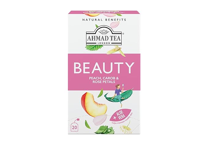 Ahmad Tea Herbal Tea, Peach, Carob, and Rose Petals 'Beauty' Natural Benefits Teabags, 20 ct (Pack of 1) - Decaffeinated & Sugar-Free