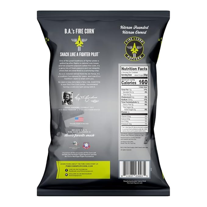 Fire Corn Popcorn Pack of 6 Real Jalapeno Popcorn Gluten Free, Spicy, Non-GMO, Healthy Snacks Founded & Owned by Combat Veteran, Original Flavor, 3.8 oz Sharing Bags