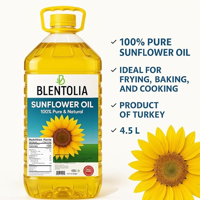 Blentolia 100% Pure Sunflower Oil ??4.5L | Non-GMO, Light Taste, High Smoke Point | Ideal for Frying, Cooking & Baking