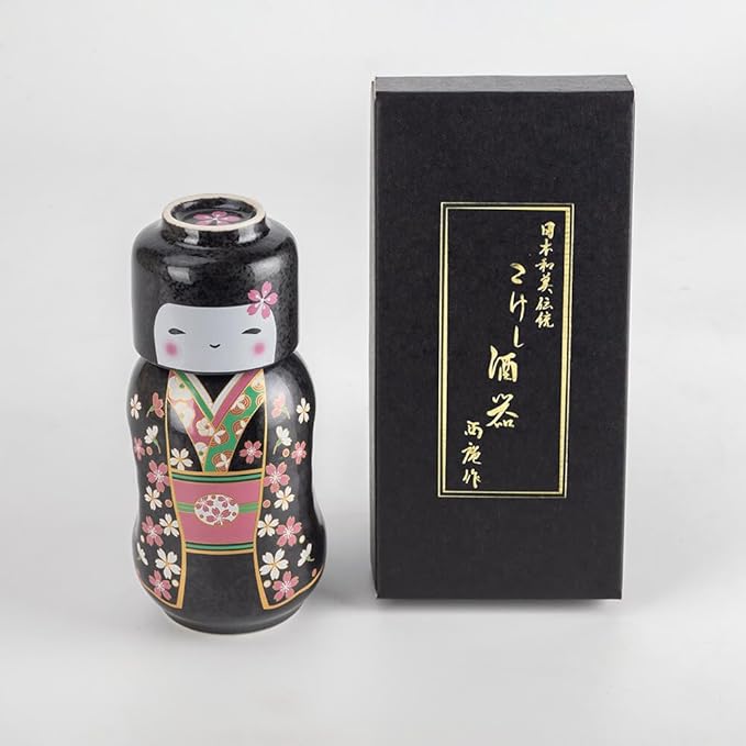 Japanese Traditional Kokeshi Design Sake Wine Soju Ceramic Set with 1 Ochoko Cup and 1 Tokkuri Bottle Gifts (Kokeshi Sakura Komachi)