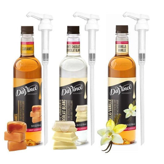 DaVinci Gourmet Classic Syrup Bundle with Caramel, Vanilla, and White Chocolate Flavors 25.4 Fl Oz - Includes 3 Syrup Pumps