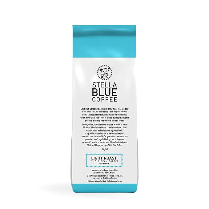 Stella Blue Whole Bean Coffee, Positive Vibes Blend, Light Roast, Vanilla and Fruity Notes, 100% Arabica, Ethically Sourced from Central and South America, 12 oz bag