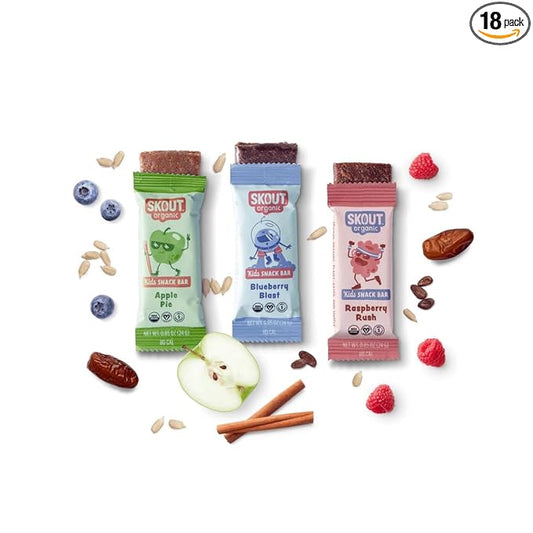Skout Organic Real Food Bars for Kids Fruit Variety Pack (18 Pack) | Organic Snacks for Kids | Plant-Based Nutrition, No Refined Sugar | Vegan | Gluten, Dairy, Grain & Soy Free
