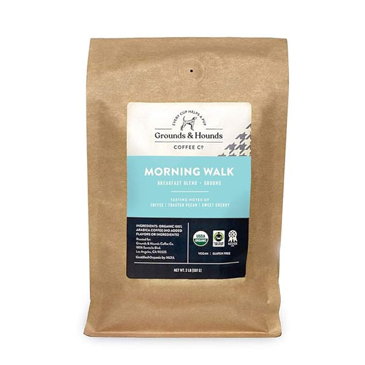Grounds & Hounds Morning Walk Breakfast Blend - Ground, 100% Organic Coffee Grounds, Ground Coffee Medium Roast, Bulk Ground Coffee, 2lbs