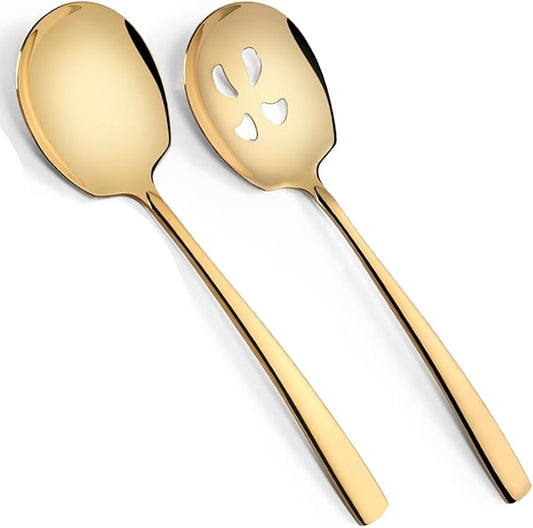 Large Serving Spoons Set Stainless Steel 12 Inch Slotted Spoon and Serving Spoon Serving Utensils for Buffet Catering Dishwasher Safe(2-pieces, Gold)