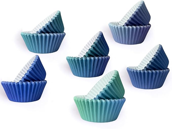 qiqee 300PCS Mini Gradient Cupcake Liners Cupcake Cups 6 Designs Blue Gradient Cupcake Papers Baking Cups Cupcake Wrappers (Small Size)