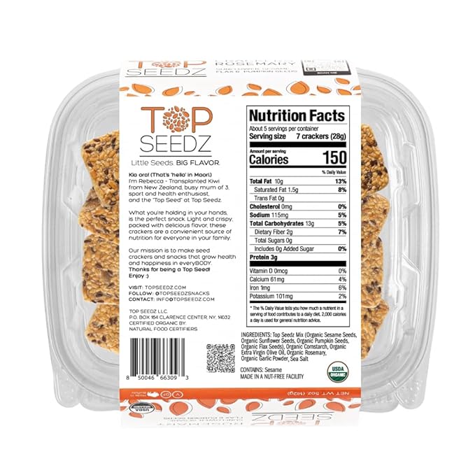 Top Seedz Certified Organic Gluten Free Rosemary Seed Crackers | 6-Pack | 5 Ounces | Healthy Vegan Crackers with Plant Based Protein | Made of Sunflower, Flax, Sesame and Pumpkin Seed