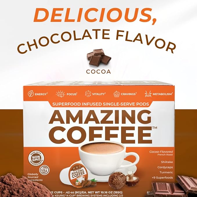 Superfoods Company Amazing Coffee- 12 Natural Superfoods - French Roast - Weight Loss & Brain Boost - Gluten Free, Non-GMO, Sugar Free, Vegan & Keto Friendly [24 Pods] [Cocoa]