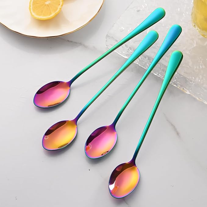 7.5 Inches Rainbow Stainless Steel Ice Tea Spoon,Set Of 8 Long Handle Coffee Stirring Spoons,Multicolored Sundae Spoons,Colorful Cocktail Mixing Spoon