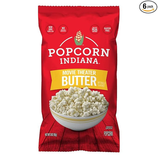 Popcorn Indiana Movie Theater Butter Popcorn (3 oz Bags ??6 Pack) Pre-Popped Popcorn Made with Real Butter, Gluten Free, No Artificial Flavors, Perfect for Movie Nights or After School Snacks