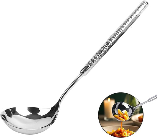 18/8 Stainless Steel Soup Ladle Small, 9.4" Metal Ladle Spoon for Soup Gravy Hot Pot Restaurant, Rustproof Kitchen Utensil Dishwasher Safe, Hammered Design with Round Handle