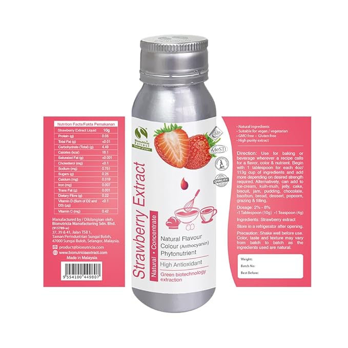 Bionutricia Strawberry Extract Liquid, No Artificial Additives, Natural Fruit Extract Flavor for Baking, Icing, Beverage, No Sugar Added, Non GMO 2.82oz