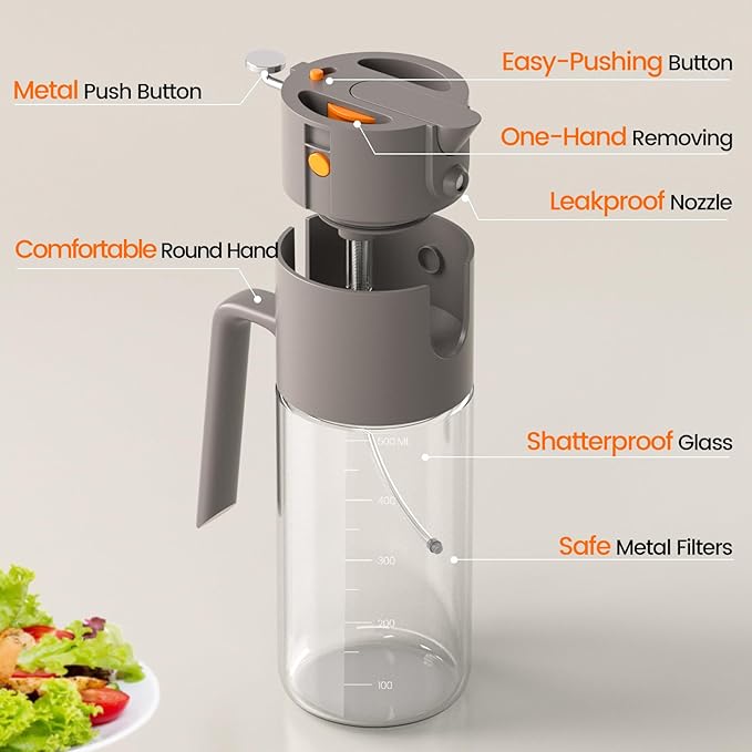 Oil Sprayer for Cooking, 2025 Large Advanced Olive Oil Dispenser Bottle,500ml/17oz Glass Olive Oil Sprayer,2 in 1 Even Spray with Portion Control for Kitchen, Air Fryer, Salad, BBQ - Gray