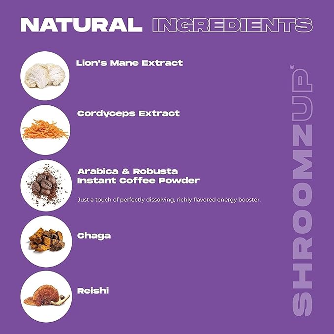 Shroomzup Mushroom Coffee Instant - 15 Single Serve Packets with 4 Mushrooms - Lion’s Mane, Reishi Chaga Cordyceps - Vegan Nootropic Coffee for Energy