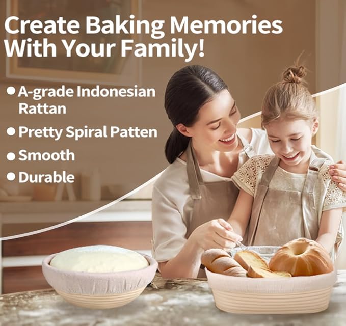 Banneton Bread Proofing Basket Set of 2, 9 Inch Round &10 Inch Oval Sourdough Bread Baking Suppliest, with Linen Liner,Danish Whisk,Bread Lame,Doung Scarper, Cleaning Brush for Bread Baking