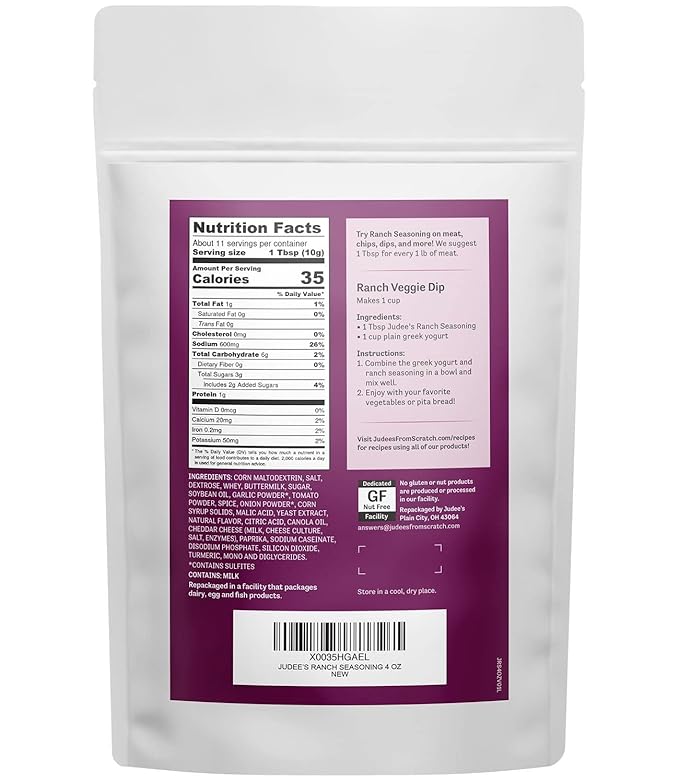 Judee's Seasoning 4 oz for Salad Dressings, Seasonings, and Dips - Add to Soups, Stews, or Chilis - Sprinkle over French Fries and Appetizers - Gluten-Free and Nut-Free (Ranch)