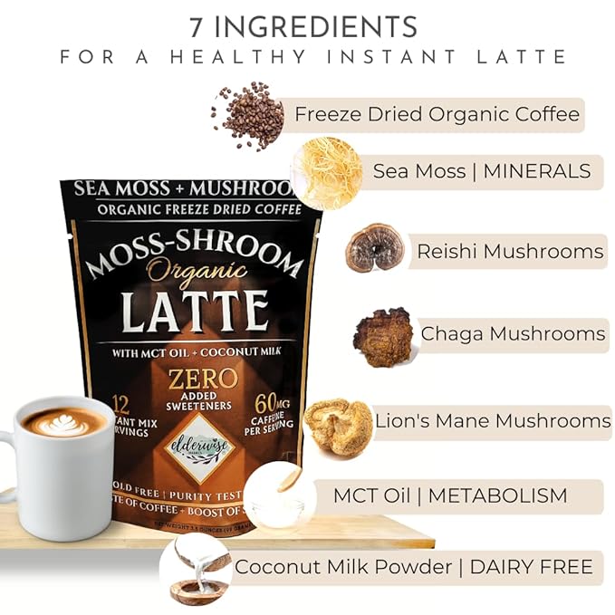 Elderwise Organics Coffee - Latte - Lion's Mane, Chaga, Reishi, Cordyceps, MCT Oil, Coconut Cream & Sea Moss - 12 Servings - Freeze Dried Instant Coffee - Chemical free - Fair Trade