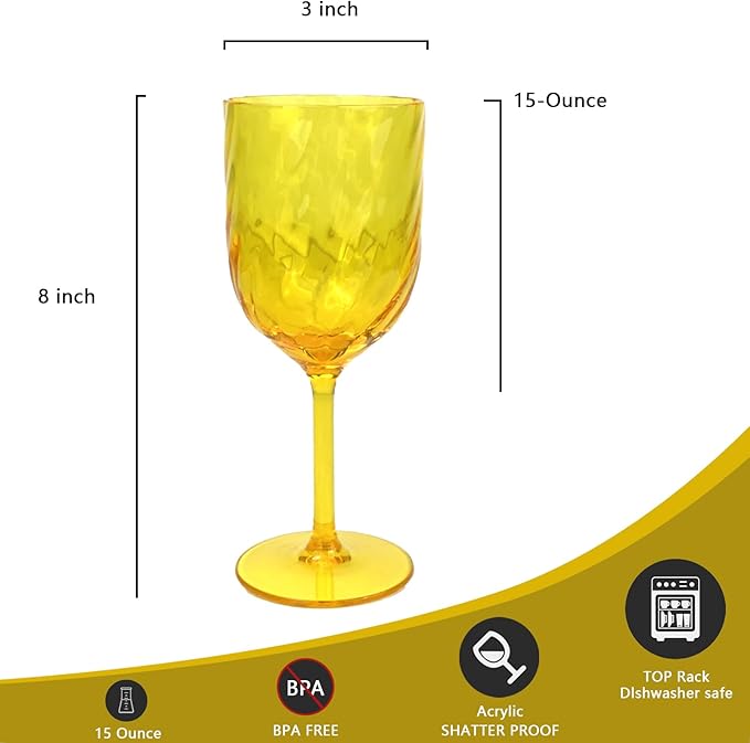 Yalin Set of 6 Unbreakable 15 oz Acrylic Plastic Wine and Water Tumbler Stackable Goblets. (Yellow, 15 oz)